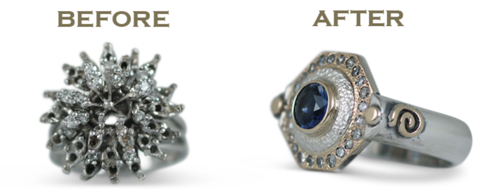 This gold ring redesign before and after features a sapphire and unique halo setting.